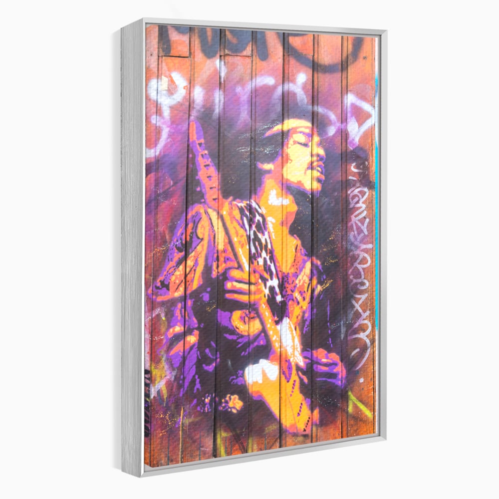 Tablou canvas cu tablou canvas cu jimi hendrix cantand la chitara, in rama de aluminiu argintiu